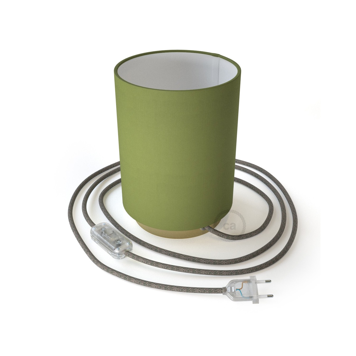 Posaluce, kovové svítidlo se zeleným plátěným válcovým stínidlem, textilním kabelem, in-line vypínačem a 2-pólovou zástrčkou
