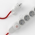 Prodlužovací textilný elektrický kabel - RM09 červený - se 4 zásuvkami a Schuko zástrčkou.