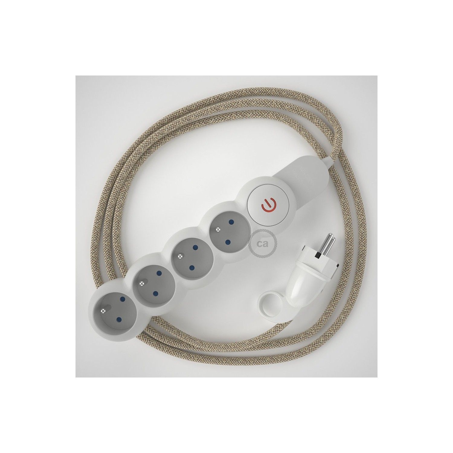 Prodlužovací textilný elektrický kabel - RN01 lněný přírodní - se 4 zásuvkami a Schuko zástrčkou.