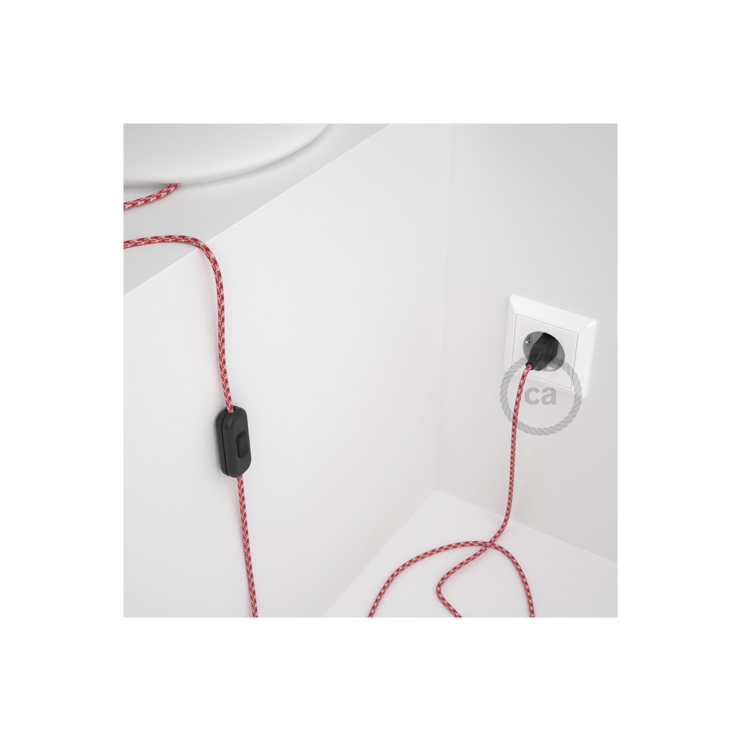 Napájecí kabel pro stolní lampu, RP09 Bílo - červený hedvábný 1,80 m. Vyberte si barvu zástrčky a vypínače.