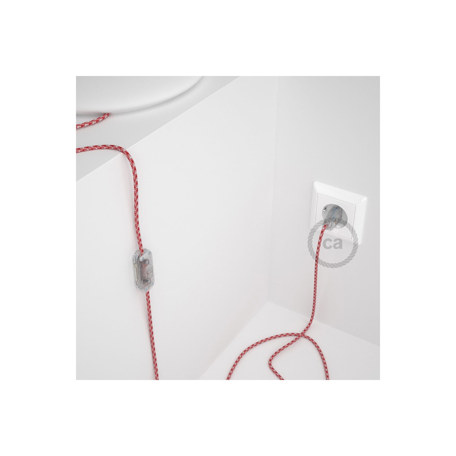 Napájecí kabel pro stolní lampu, RP09 Bílo - červený hedvábný 1,80 m. Vyberte si barvu zástrčky a vypínače.