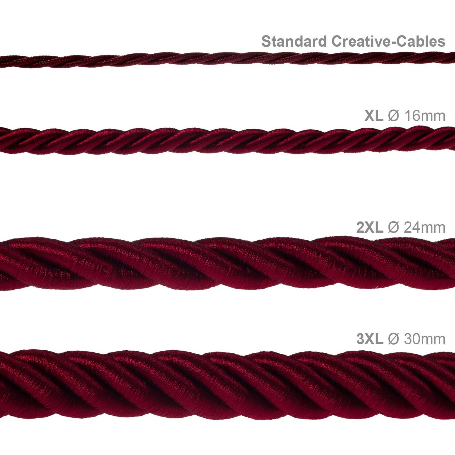 3XL Elektrický kabel 3x0,75 potažený lesklou tmavě bordovou textilií. Průměr 30 mm.