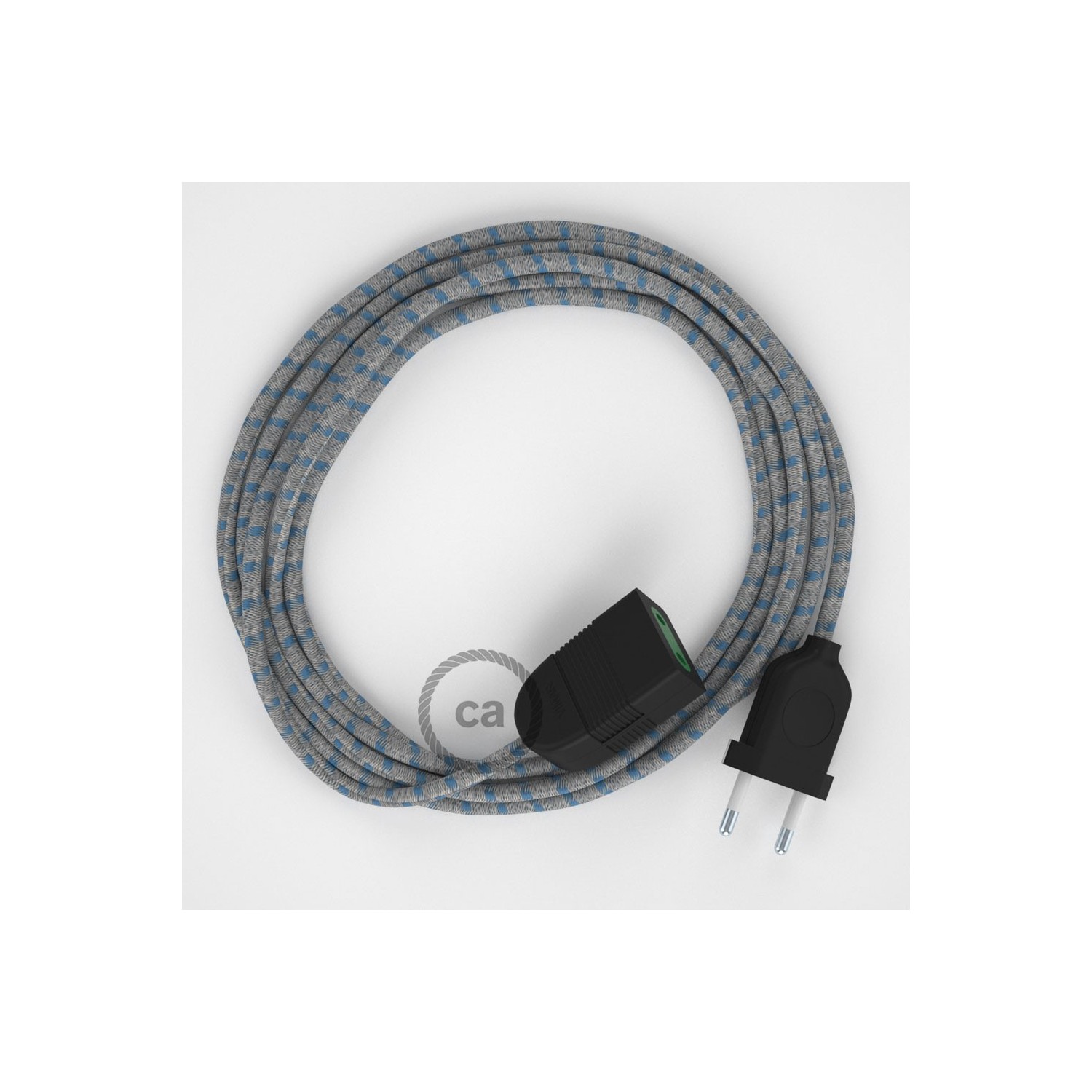 Pruhovaný modrý bavlněně - lněný RD55 2P 10A textilní prodlužovací elektrický kabel. Vyrobený v Itálii.
