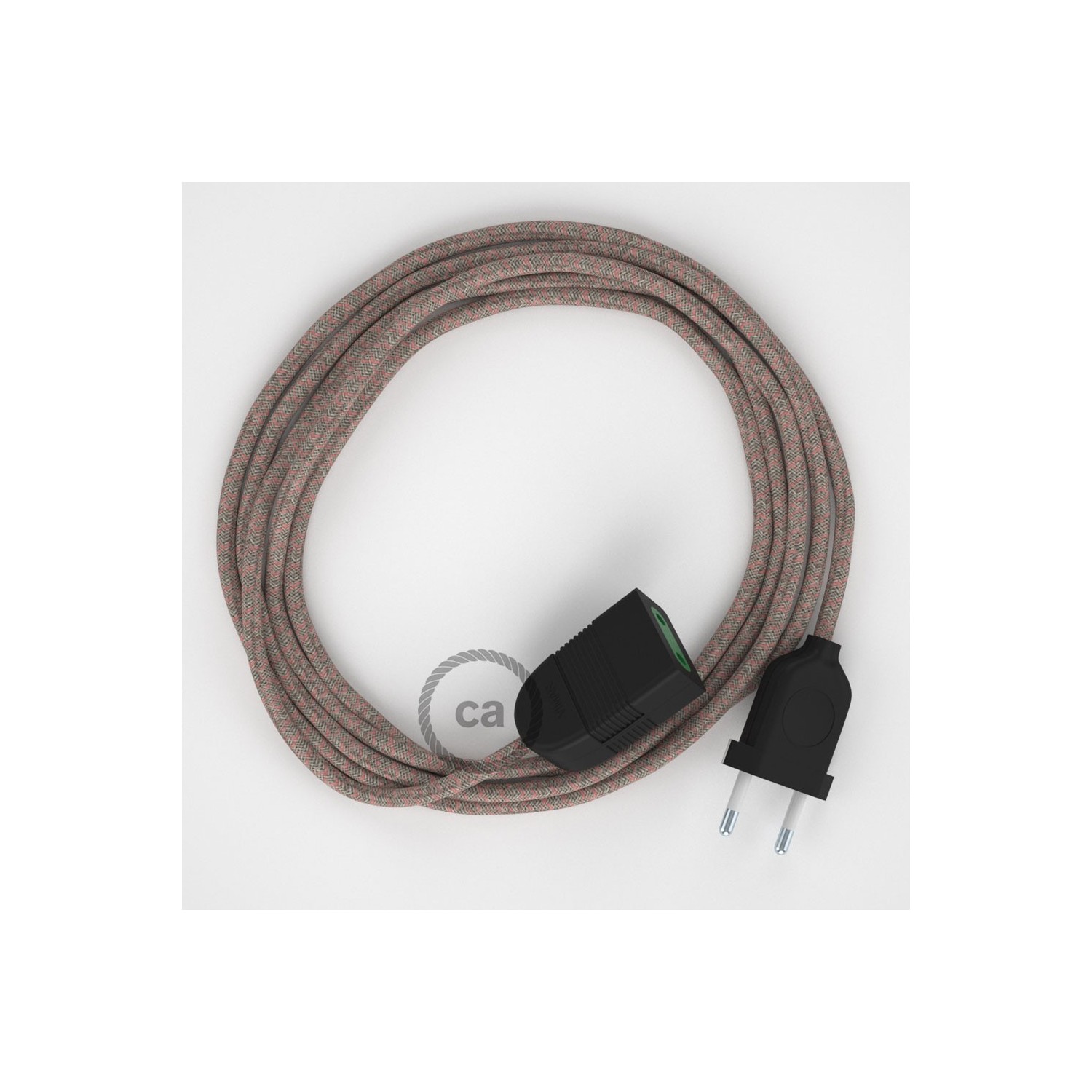 Kosočtvercový starorůžový bavlněně - lněný RD61 2P 10A textilní prodlužovací elektrický kabel. Vyrobený v Itálii.
