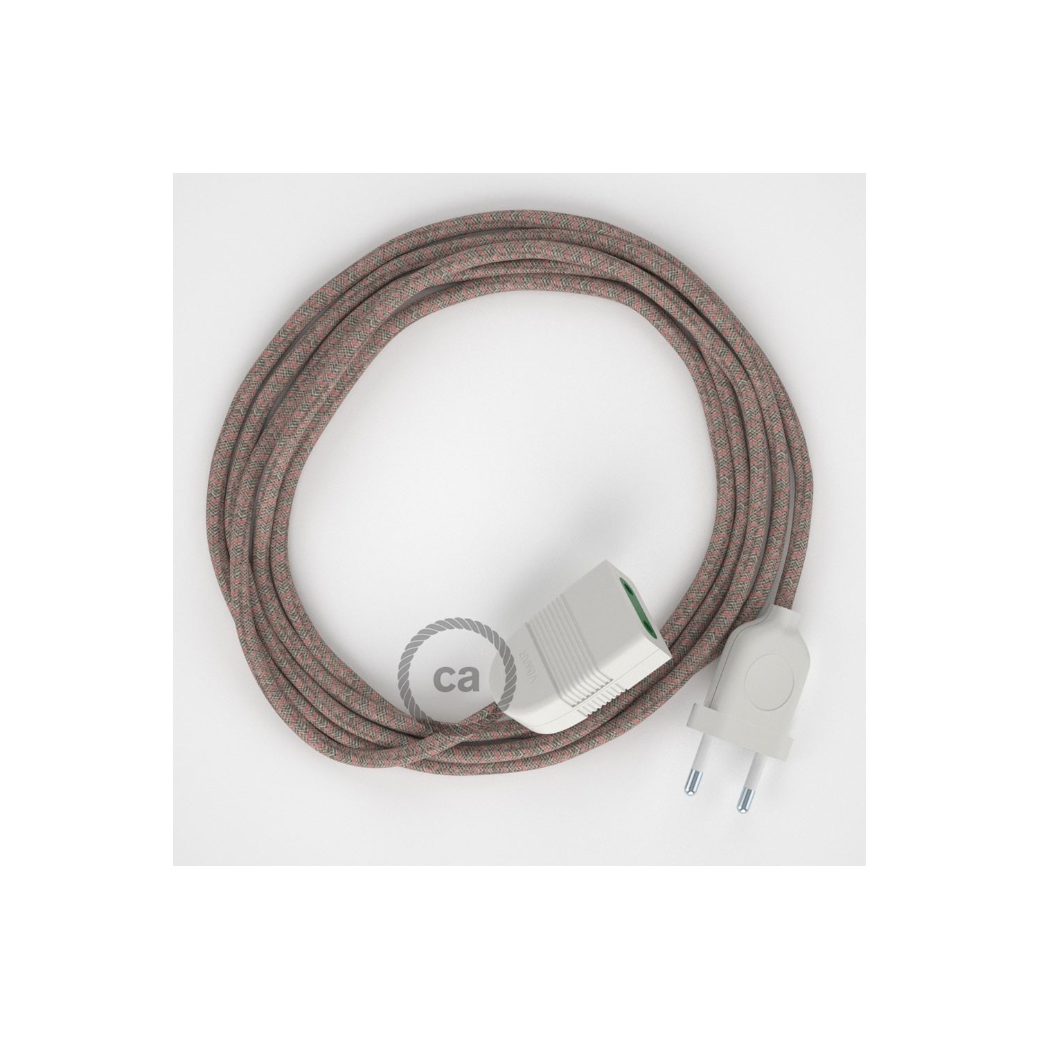 Kosočtvercový starorůžový bavlněně - lněný RD61 2P 10A textilní prodlužovací elektrický kabel. Vyrobený v Itálii.
