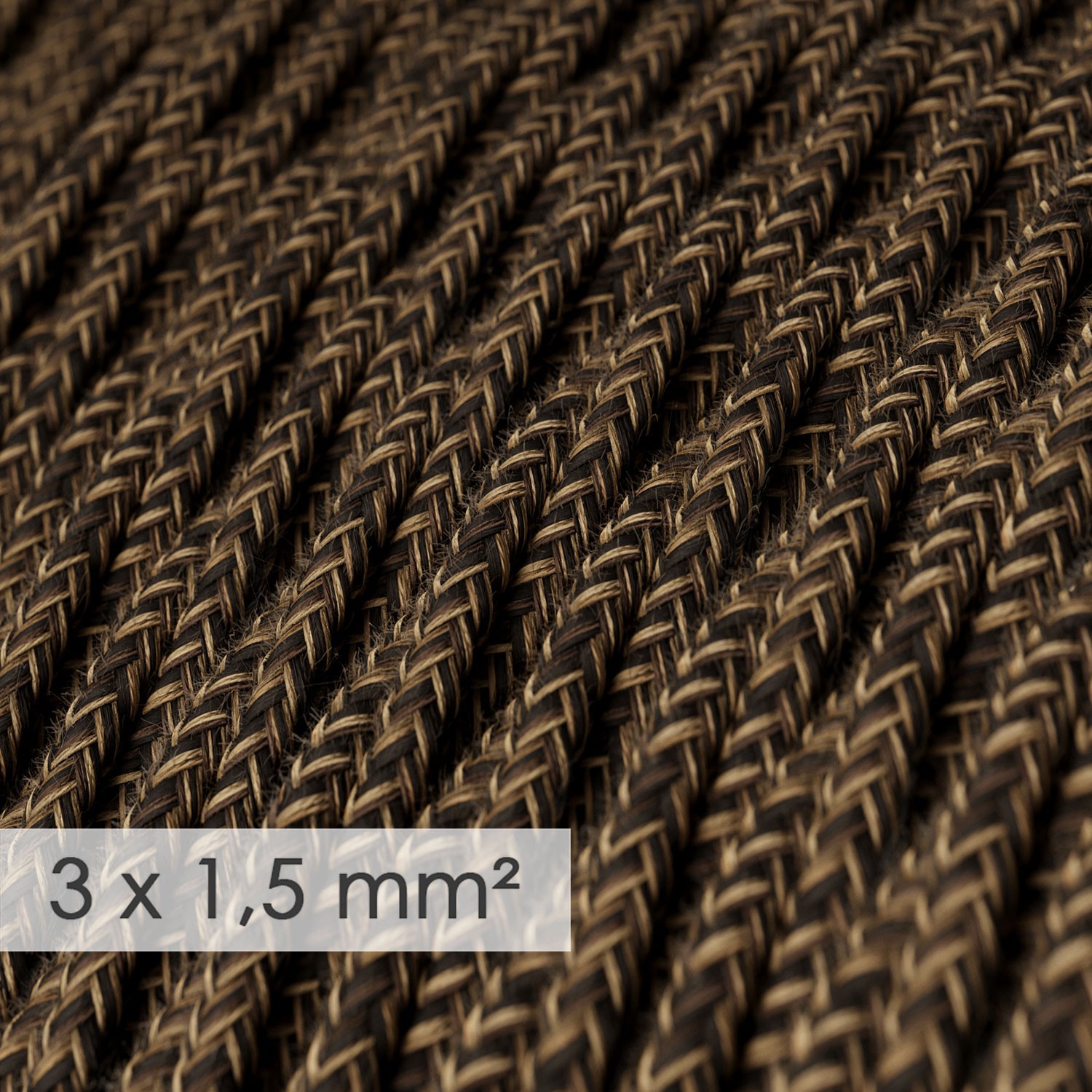 Textilní elektrický kabel se širším průměrem 3x1,5 - spirálový - len, přírodní hnědé barvy TN04