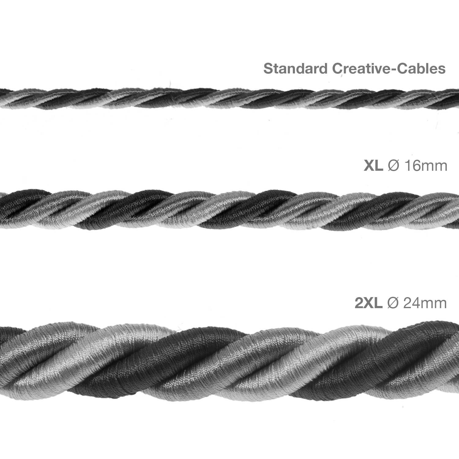 XL Elektrický kabel 3x0,75 potažený lesklou šedou hedvábní textilií Orleans. Průměr 16 mm.